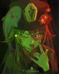  1girl ahblue artist_name black_background black_hat black_jacket black_nails boo_tao_(genshin_impact) branch bright_pupils brown_hair chinese_clothes chromatic_aberration closed_eyes collared_jacket english_commentary eyelashes fang fingernails flower flower-shaped_pupils genshin_impact ghost hair_between_eyes hand_up hat hat_ornament highres hu_tao_(genshin_impact) jacket jewelry long_hair long_sleeves looking_at_viewer mandarin_collar multiple_rings nail_polish one_eye_closed open_mouth red_eyes red_flower red_shirt ring shirt sidelocks simple_background skin_fang smile solo star_(symbol) symbol-shaped_pupils tongue tongue_out twintails upper_body white_pupils wide_sleeves 