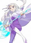  1girl axe battle_axe bodysuit braid breasts cloak commentary_request cryokinesis emilia_(re:zero) grey_hair hood hood_down ice looking_at_viewer open_mouth purple_bodysuit purple_eyes re:zero_kara_hajimeru_isekai_seikatsu serious shoes simple_background solo umeno_(tuzk7284) weapon white_background white_cloak white_shoes 