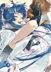  1girl absurdres alcohol arknights black_gloves blue_hair breasts closed_eyes dragon_girl dragon_horns earrings eastern_dragon_horns gloves gohanduck gourd high_ponytail highres holding holding_gourd horns jewelry large_breasts ling_(arknights) long_hair open_mouth pointy_ears ponytail smile solo tassel tassel_earrings 