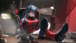  1girl absurdres animal_ears arknights ashtray belt black_belt black_hair black_jacket black_nails black_shoes black_shorts bulletin_board cabinet chair cigarette coffee_mug commentary copyright_notice corded_phone cup desk desk_lamp fek_zin file_cabinet gloves highres holding holding_sword holding_weapon indoors jacket lamp legs_on_table legs_up long_hair map mug necktie official_alternate_costume paper paper_stack phone red_eyes red_gloves red_shirt red_socks shirt shoes shorts sitting smoke socks solo sword texas_(arknights) texas_(willpower)_(arknights) thigh_strap twitter_username untranslatable_commentary weapon wolf_ears wolf_girl 