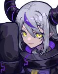  1girl absurdres arm_up black_coat black_horns braid braided_bangs chest_harness coat collar commentary cuffs demon_girl demon_horns dot_nose double-parted_bangs fangs grey_hair hair_between_eyes harness highres hololive horns la+_darknesss la+_darknesss_(1st_costume) long_sleeves looking_at_viewer looking_to_the_side mentally_deficient metal_collar multicolored_coat multicolored_hair neckerchief o-ring o-ring_harness open_mouth parted_lips pointy_ears purple_coat purple_horns purple_streaks shirt sidelocks simple_background single_hair_streak sleeves_past_fingers sleeves_past_wrists solo streaked_hair striped_horns two-tone_coat untranslatable_commentary upper_body v-shaped_eyebrows virtual_youtuber white_background white_shirt yellow_eyes yellow_neckerchief 