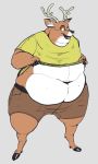  anthro antlers barefoot belly belly_overhang belt big_belly brown_fur cervine chubby_cheeks clothed clothing clothing_lift deep_navel double_chin fur grey_background hooved_fingers hooves horn love_handles male mammal midriff obese obese_male onefetishtoomany open_mouth open_smile overweight overweight_male shirt shirt_lift simple_background smile solo standing teeth thick_thighs tight_clothing white_fur wide_hips 