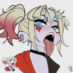  absurdres black_choker blonde_hair blue_eyes blue_streaks blush choker commentary dc_comics ear_piercing grmm harley_quinn heart heart_tattoo highres looking_at_viewer multicolored_hair piercing red_lips red_streaks reference_inset streaked_hair suicide_squad suicide_squad_isekai tattoo tongue tongue_out twintails two-tone_shirt untranslatable_commentary 