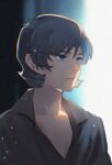  1boy black_shirt blue_eyes blue_hair collarbone gundam hair_behind_ear kamille_bidan kasumi_(skchkko) lapels male_focus parted_lips shirt short_hair solo upper_body zeta_gundam 