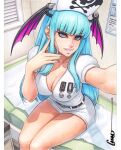  1girl artist_name bat_wings belt black_belt blue_eyes blue_hair blue_nails breasts cleavage commentary cosplay darkstalkers dress english_commentary feet_out_of_frame hand_up hat head_wings highres indoors long_hair looking_at_viewer morrigan_aensland morrigan_aensland_(cosplay) nurse nurse_cap official_alternate_costume omar_dogan on_bed outstretched_arm parted_lips plunging_neckline protected_link reaching reaching_towards_viewer scan selfie short_dress short_sleeves signature sitting skull_and_crossbones solo thighs traditional_media white_dress wings 