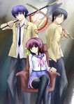 1girl 2boys angel_beats! black_hair black_hairband black_pants black_thighhighs blue_necktie blue_sailor_collar blue_skirt blunt_bangs breasts chair closed_mouth collared_shirt commentary crossed_legs daiki dress_shirt eyes_visible_through_hair feet_out_of_frame frown fujimaki_(angel_beats!) green_eyes grey_eyes hair_between_eyes hairband halberd hand_in_pocket hand_up head_tilt highres holding holding_polearm holding_sword holding_weapon jacket long_sleeves looking_at_viewer medium_breasts medium_hair miniskirt multiple_boys nakamura_yuri neckerchief necktie noda_(angel_beats!) on_chair open_clothes open_jacket over_shoulder pants pink_neckerchief pleated_skirt polearm purple_hair sailor_collar sailor_shirt school_uniform serafuku shinda_sekai_sensen_uniform shirt short_hair sitting skirt smile spiked_hair split_mouth standing straight_hair sword thighhighs thighs weapon weapon_over_shoulder white_shirt wide-eyed yellow_jacket zettai_ryouiki 