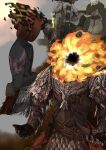  1boy 1girl absurdres armor belt_pouch black_skin burn_scar cloak colored_skin cosplay crossover cuirass dante_(limbus_company) elden_ring faust_(project_moon) flaming_head gauntlets highres limbus_company lord_of_frenzied_flame_(elden_ring) melina_(elden_ring) melina_(elden_ring)_(cosplay) multiple_views naughty_0b object_head pauldrons pouch project_moon scar sheath shoulder_armor site_of_grace tarnished_(elden_ring) tarnished_(elden_ring)_(cosplay) topless_male trait_connection 