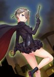  ange_(princess_principal) ass black_cape black_footwear black_gloves blue_eyes boots braid breasts brown_hair cape cavorite_ball cloud dutch_angle eyebrows_visible_through_hair from_side fur_collar gloves gun hair_between_eyes handgun highres holding holding_gun holding_weapon house long_sleeves looking_at_viewer medium_breasts night outdoors parted_lips princess_principal revolver sky smoke solo trigger_discipline weapon webley-fosbery_automatic_revolver yongheng_zhi_wu 