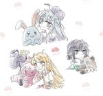  3girls ahoge azumarill black_hair blonde_hair blue_eyes cho_kaguya-hime! commentary cropped_shoulders cropped_torso crossover green_eyes grey_hair grin hair_bun highres kaguya_(cho_kaguya-hime!) korean_commentary long_hair looking_at_viewer multiple_girls poke_ball pokemon pokemon_(creature) red_eyes rockruff runami_yachiyo sakayori_iroha single_hair_bun smile tinkaton yllong210 