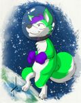  anthro black_claws canid canine cheek_tuft chibi claws closed_smile earth facial_tuft featureless_crotch finger_claws fur gloves_(marking) green_body green_fur green_tail hair hi_res hufnaar male male_anthro mammal markings mouth_closed planet purple_hair red_eyes short_hair slim_anthro slim_male smile solo space star tail toe_claws tuft white_body white_fur white_tail 
