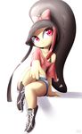  1girl bangs black_hair blunt_bangs bow crop_top day full_body hair_bow humanization long_hair looking_to_the_side mawile midriff multicolored_hair navel no_humans pink_bow pokemon pokemon_(creature) pokemon_rse ponytail red_eyes rilex_lenov shorts simple_background sitting smile solo streaked_hair white_background yellow_skin 