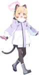  1girl :3 a-pose animal_ear_headphones animal_ears black_pantyhose blonde_hair blue_archive blush boots bow cat_ear_headphones cat_ears cat_tail coat fake_animal_ears fake_tail full_body fur_boots game_asset gloves grey_boots hair_bow halo happy headphones heel_up highres hiyo_kiki hood hood_down hooded_coat lace-up_boots large_variant_set long_sleeves looking_at_viewer mittens momoi_(blue_archive) momoi_(winter)_(blue_archive) official_art open_mouth pantyhose pink_gloves pink_halo pocket purple_coat red_bow red_eyes scarf short_hair sidelocks simple_background smile solo standing tachi-e tail third-party_source toes_up transparent_background v-shaped_eyebrows variant_set walking white_scarf wide-eyed winter_clothes winter_coat zipper zipper_pull_tab 