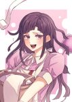  1girl apron bandage_roll basket blood blood_bag blush border collared_shirt commentary danganronpa_(series) danganronpa_2:_goodbye_despair highres holding holding_basket laundry_basket long_hair mai_duo mole mole_under_eye open_mouth pink_background pink_shirt purple_eyes purple_hair shirt short_sleeves smile solo tsumiki_mikan white_apron white_border 