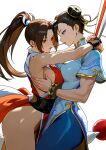  2girls absurdres blue_dress blue_leggings breast_press breasts brown_eyes brown_hair china_dress chinese_clothes chun-li commentary_request cowboy_shot crossover double_bun dress earrings eyeliner fatal_fury folded_fan folding_fan food from_side grey_eyes hair_bun hair_ribbon hand_fan high_ponytail highres holding holding_fan hug japanese_clothes jewelry kimono large_breasts leggings long_hair looking_at_another makeup motoyui multiple_girls parted_bangs pearl_earrings pocky pocky_day pocky_kiss ponytail red_eyeliner red_kimono ribbon shiranui_mai sideboob sideless_kimono simple_background sleeveless sleeveless_kimono street_fighter street_fighter_6 symmetrical_docking the_king_of_fighters thick_thighs thighs white_background yagi_(joe731842) yellow_ribbon 