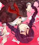  1girl blood blood_on_hand blood_on_paper blood_on_weapon braid brown_serafuku brown_shirt brown_skirt closed_mouth collared_shirt crying crying_with_eyes_open danganronpa:_trigger_happy_havoc danganronpa_(series) eyelashes fukawa_toko glasses hair_between_eyes holding holding_pen holding_scissors holding_weapon long_hair long_sleeves neckerchief nib_pen_(object) pen pink_blood purple_eyes purple_hair red_neckerchief rou-ya_(user_888503) sailor_collar school_uniform scissors serafuku shirt skirt skirt_set split_mouth tears third-party_source twin_braids twintails weapon white_sailor_collar 