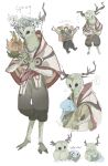  2others alien antlers bandaged_arm bandaged_leg bandages black_pants capelet chinese_commentary closed_eyes commentary_request digitigrade fewer_digits flower flower_wreath full_body furry hatchling_(outer_wilds) head_wreath hearthian highres holding holding_flower hollow_eyes horn_ornament horns hug ji_weidu_olive multiple_others multiple_views other_focus outer_wilds outer_wilds:_echoes_of_the_eye pants red_capelet simple_background standing the_prisoner_(outer_wilds) white_background 