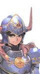  1boy akiman armor blue_armor breastplate brown_eyes brown_hair cape closed_mouth commentary_request dragon_quest dragon_quest_i fake_horns helmet hero_(dq1) highres horned_helmet horns knight looking_at_viewer male_focus red_cape short_hair simple_background smile solo upper_body white_background 