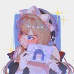  1girl ahblue artist_name bare_shoulders black_hair black_hairband black_sleeves blonde_hair blue_background blue_eyes blunt_bangs blush border breasts chromatic_aberration closed_mouth columbina_(genshin_impact) covered_eyes detached_sleeves doll_joints dress eye_mask eyelashes feathered_wings genshin_impact grumpy hair_between_eyes hairband hands_up head_wings heart highres holding holding_sketchbook implied_yuri joints long_hair long_sleeves looking_to_the_side mask medium_breasts multiple_wings outside_border sandrone_(genshin_impact) short_hair_with_long_locks sidelocks simple_background sketchbook solo sparkle tsundere v-shaped_eyebrows wavy_hair white_border white_dress white_headdress white_mask wide_sleeves wings 