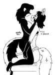  2024 anthro black_and_white breasts clothing domestic_cat duo ear_piercing eyes_closed facial_markings felid feline felis female female/female fluffy fluffy_tail fur gloves_(marking) hair head_markings hi_res mammal markings mephitid monochrome piercing skunk tail tegerio underwear veronika_ozvezdje zandar's_saga zandar_skonk 