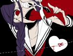  1girl braid danganronpa:_trigger_happy_havoc danganronpa_(series) dotted_line eyelashes fingernails fukawa_toko genocider_sho glasses heart holding holding_scissors long_hair long_sleeves long_tongue opaque_glasses open_mouth partially_opaque_glasses purple_hair red_eyes round_eyewear sailor_collar scissors smile solo teeth third-party_source tomo_(sjim) tongue tongue_out upper_teeth_only 