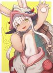  2d animal_ears bangs blush commentary ears_through_headwear flat_chest fur furry hat long_hair looking_at_viewer made_in_abyss nanachi_(made_in_abyss) pouch solo whiskers white_hair yellow_eyes 