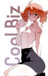  1girl absurdres ahoge arm_tattoo black_eyes black_skirt blush breasts commentary_request cup disposable_cup drill_hair drinking drinking_straw english_text highres kasane_teto number_tattoo office_lady pencil_skirt red_hair shirt simple_background sitting skirt sleeveless sleeveless_shirt solo sweatdrop tattoo twin_drills utau versailles0628 white_background white_shirt 