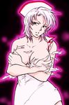 artist_request breast_hold breasts cap_white covering elite_beat_agents green_eyes hat jpeg_artifacts large_breasts nurse nurse_cap outline pink_hair solo tearing_clothes torn_clothes 
