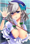  bad_id bad_pixiv_id blue_eyes blush bra braid breasts izayoi_sakuya large_breasts lingerie maid_headdress merue nipples short_hair silver_hair solo touhou twin_braids underwear 