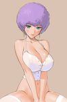  afro aqua_eyes bad_id bad_pixiv_id breasts earrings huge_breasts jewelry lingerie no_panties original purple_hair sano_toshihide solo thighhighs underwear 