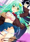  1girl alternate_costume bad_id bad_pixiv_id bow bow_bra bra bra_pull breasts frog green_eyes green_hair hair_ornament hand_grip hetero imminent_rape kiritomo_koroha kochiya_sanae long_hair medium_breasts nipples panties panty_pull pink_bra school_uniform serafuku snake solo_focus touhou train_interior underwear white_panties 