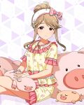  1girl animal-shaped_pillow bow brown_eyes brown_hair card_commentary closed_mouth commentary_request floral_print floral_print_shirt frilled_shirt frilled_shorts frills game_asset hair_bow hair_bun hairband happiness_roomwear_(idolmaster) idolmaster idolmaster_million_live! idolmaster_million_live!_theater_days looking_at_viewer official_alternate_costume official_art pajamas pig pink_bow pink_trim print_shirt print_shorts shirt shirt_bow short_sleeves shorts sidelocks single_hair_bun sitting smile solo tenkubashi_tomoka third-party_source white_hairband yellow_shirt yellow_shorts 