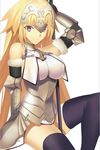  arm_support arm_up armor black_gloves black_legwear blonde_hair breasts breasts_apart closed_mouth elbow_gloves fate/apocrypha fate_(series) gloves grey_eyes invisible_chair jeanne_d'arc_(fate) jeanne_d'arc_(fate)_(all) large_breasts long_hair looking_at_viewer qiye_yue simple_background sitting smile solo thighhighs very_long_hair white_background 
