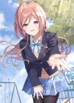  1girl absurdres black_pantyhose blazer blue_eyes blue_jacket blue_ribbon blue_skirt blush breasts brown_hair commentary_request dappled_sunlight gakuen_idolmaster hand_on_own_thigh hatsuboshi_gakuen_school_uniform highres himesaki_rinami idolmaster jacket kurousagi_yuu leaning_forward long_sleeves looking_at_viewer medium_breasts neck_ribbon offering_hand open_mouth outdoors pantyhose pleated_skirt railing ribbon school_uniform shirt skirt smile solo sunlight sweater white_shirt yellow_sweater 