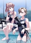  2girls bandaid bandaid_on_cheek bandaid_on_face battle_rifle black_one-piece_swimsuit blonde_hair blue_one-piece_swimsuit breasts brown_eyes brown_hair closed_mouth commentary_request curly_hair desert_(deserteagle0321) ear_piercing eyebrows_hidden_by_hair fn_scar_17 from_side green_eyes gun highres lever_action light_blush looking_at_another marlin_new_model_1895 medium_breasts medium_hair mole mole_under_mouth multiple_girls one-piece_swimsuit open_mouth original partially_submerged piercing pointing pointing_at_another ponytail pool rifle scope short_hair shotgun sidelocks sitting split_mouth standing sweatdrop swimsuit watch water weapon wristwatch 