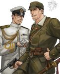  2boys amateru805 black_eyes black_hair closed_eyes closed_mouth commentary_request glasses gloves green_jacket gun handgun hat highres holding holding_gun holding_weapon imperial_japanese_army imperial_japanese_navy jacket katana long_sleeves male_focus military_hat military_jacket military_uniform multiple_boys nambu_pistol original sheath sheathed simple_background sword weapon white_background white_gloves white_jacket world_war_ii 