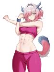  1girl abs arknights arknights:_endfield blue_horns breasts commentary english_commentary fangs_(fangs_art) grey_eyes groin hair_intakes highres horns large_breasts mi_fu_(arknights) mole mole_under_eye navel pants pink_hair pink_pants pink_sports_bra pointy_ears short_hair simple_background solo sports_bra stomach tail white_background yoga_pants 