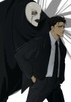  1boy black_eyes black_hair black_jacket black_necktie black_pants collared_shirt feenwege highres higuruma_hiromi jacket judgeman_(jujutsu_kaisen) jujutsu_kaisen long_sleeves male_focus necktie pants parted_lips shirt short_hair solo white_shirt 
