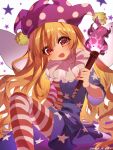 1girl absurdres american_flag american_flag_dress american_flag_print blonde_hair clownpiece dated dress fairy fairy_wings fang flag_print hat heng_(heng798616) highres holding holding_torch jester_cap long_hair looking_at_viewer neck_ruff open_mouth pantyhose polka_dot_headwear purple_hat red_eyes short_sleeves simple_background skin_fang smile solo star_(symbol) star_print striped_clothes striped_dress striped_pantyhose torch touhou very_long_hair white_background wings 