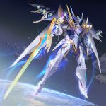  asteroid commentary_request exostrider_(wuthering_waves) floating full_body highres holding holding_sword holding_weapon ina_(mikamixx) mecha no_humans planet robot solo space standing sword weapon wings wuthering_waves 