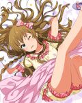  1girl blanket blue_eyes bow brown_hair card_commentary commentary_request floral_print floral_print_shirt frilled_shirt frilled_shorts frills game_asset hair_bow hair_spread_out happiness_roomwear_(idolmaster) idolmaster idolmaster_million_live! idolmaster_million_live!_theater_days kousaka_umi legs_up lying official_alternate_costume official_art on_back one_eye_closed pajamas pink_bow pink_trim print_shirt print_shorts raised_inner_eyebrows shirt short_sleeves shorts slippers solo third-party_source unworn_slippers yellow_shirt yellow_shorts 