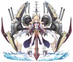  1girl angry azur_lane blonde_hair blush closed_mouth epaulettes full_body gloves hair_between_eyes hair_ears headgear highres holding holding_sword holding_weapon kaede_(003591163) long_sleeves looking_at_viewer official_art open_mouth planted_sword planted_weapon purple_eyes remodel_(azur_lane) scarf sidelocks smile smug sword thighhighs turret warspite_(azur_lane) weapon white_legwear 