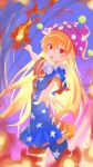 1girl :d american_flag american_flag_dress american_flag_print blonde_hair blush clownpiece commentary_request dated dress flag_print hat highres holding holding_torch jester_cap long_hair looking_at_viewer neck_ruff open_mouth pantyhose polka_dot_headwear purple_hat qing_yu_susurr red_eyes short_sleeves smile solo star_(symbol) star_print striped_clothes striped_dress striped_pantyhose torch touhou very_long_hair 
