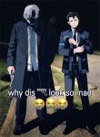  2boys black_eyes black_hair black_necktie black_pants black_shoes bright_pupils buttons closed_mouth coat collared_shirt commentary_request connor_(detroit) detroit:_become_human grey_hair gun handgun hank_anderson holding holding_gun holding_weapon jacket korean_commentary lemonmelon00 long_sleeves looking_at_viewer male_focus meme multiple_boys necktie night open_clothes open_coat open_jacket outdoors pants shirt shoes short_hair standing weapon white_pupils why_dis_ninja_look_so_mad_(meme) 