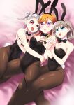  3girls :o alternate_hair_length_(shorter) animal_ear_hairband animal_ears arashi_chisato arched_bangs bed_sheet black_bow black_bowtie black_hairband black_leotard black_pantyhose blue_eyes blush bow bowtie breasts brown_hair cleavage commentary_request covered_groin covered_navel detached_collar double_bun embarrassed fake_animal_ears fake_tail flipped_bangs grabbing_another's_arm grey_hair group_hug hair_bun hairband highleg highleg_leotard highres hip_dips hug large_breasts leg_lock leotard long_hair looking_at_another looking_at_viewer love_live! love_live!_superstar!! medium_breasts medium_hair multicolored_hair multiple_girls open_mouth orange_hair oshakana pantyhose pink_streaks playboy_bunny purple_eyes rabbit_ear_hairband rabbit_ears rabbit_tail red_eyes shibuya_kanon shiny_clothes shiny_legwear short_hair small_breasts small_sweatdrop strapless strapless_leotard streaked_hair tail tang_keke traditional_bowtie twintails twintails_with_hair_base v-shaped_eyebrows 