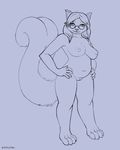  2017 anthro areola big_breasts breasts emikochan eyewear female fluffy fluffy_tail glasses hair innie long_hair looking_at_viewer mammal nipples nude pussy rodent slightly_chubby squirrel 