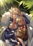  arm_up artoria_pendragon_(all) artoria_pendragon_(lancer) bangs black_dress blonde_hair blue_eyes blurry book braid breasts cleavage cloak closed_eyes closed_mouth crown dappled_sunlight depth_of_field dress eyebrows_visible_through_hair fate/apocrypha fate/grand_order fate_(series) fur_trim hair_between_eyes half_updo hand_up holding holding_book large_breasts light_smile looking_at_another mordred_(fate) mordred_(fate)_(all) mother_and_daughter motherly multiple_girls open_mouth outdoors parted_bangs short_sleeves sidelocks sleeping sunlight yorukun younger 