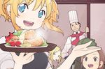  3girls :d aletta black_eyes blue_eyes brown_eyes buttons chef chef_hat chef_uniform cup dish dot_nose double-breasted eating elf facial_hair fardania food fork fruit gaganpo hand_on_hip hand_up hat holding holding_fork holding_tray indoors isekai_shokudou jpeg_artifacts kugatsu_takaaki lemon lemon_slice lizardman looking_at_another looking_at_viewer looking_up multiple_boys multiple_girls open_hand open_mouth pointy_ears ponytail puffy_sleeves round_teeth sarah_gold scarf short_sleeves shrimp shrimp_tempura smile tareme teeth tempura tenshu tomato tongue tray tsurime upper_body upper_teeth waitress work_in_progress 