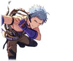  1boy asch_albright bandolier belt blue_gloves blue_hair boots brown_pants fingerless_gloves fingernails game_asset gloves grey_hair happy_elements headset helios_rising_heroes injury looking_at_viewer male_focus non-web_source official_art orange_eyes pants purple_gloves scratches self-datamine short_hair smile solo teeth torn_clothes transparent_background 