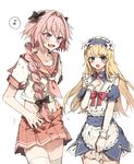  1other :o androgynous apron aqua_eyes astolfo_(fate) bangs black_bow blonde_hair blue_dress blush bow braid chevalier_d'eon_(fate/grand_order) chibirisu clenched_hand collarbone cowboy_shot detached_collar dress eighth_note eyebrows_visible_through_hair fang fate/apocrypha fate/grand_order fate_(series) flower frilled_apron frilled_dress frills hair_bow hair_flower hair_ornament hairband highres lily_(flower) long_hair looking_at_viewer looking_away maid_apron maid_headdress male_focus miniskirt multiple_boys musical_note neckerchief open_mouth otoko_no_ko pink_bow pink_hair pink_neckwear pink_skirt pleated_skirt puffy_short_sleeves puffy_sleeves purple_eyes sailor_collar school_uniform serafuku shirt short_sleeves shoulder_cutout skirt speech_bubble spoken_musical_note swept_bangs thighhighs undressing upper_teeth v-shaped_eyebrows waist_apron white_apron white_background white_legwear white_shirt wrist_cuffs 