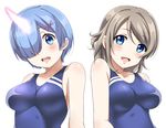  :d blue_eyes blue_hair blue_swimsuit blush breasts breasts_apart brown_hair collarbone competition_swimsuit crossover glowing_horn hair_over_one_eye highres horn leixue_kongling looking_at_viewer love_live! love_live!_sunshine!! matching_outfit medium_breasts multiple_girls one-piece_swimsuit open_mouth re:zero_kara_hajimeru_isekai_seikatsu rem_(re:zero) shiny shiny_skin short_hair sideboob simple_background smile swimsuit upper_body watanabe_you white_background 